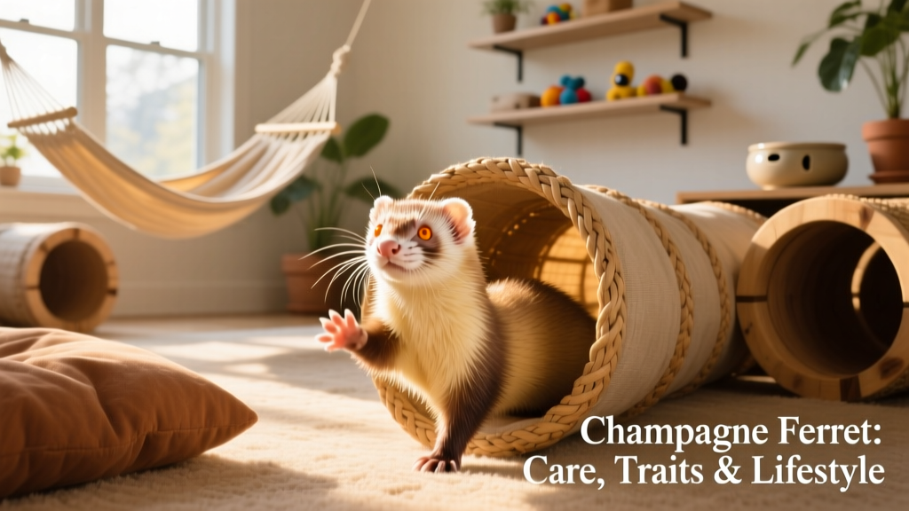 Champagne ferret playing in a safe, enriched indoor play area with tunnels, a hammock, and soft bedding