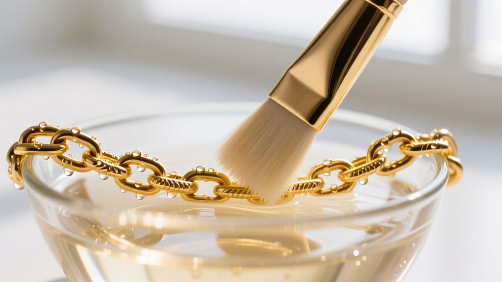 Macro shot of a soft brush gently scrubbing a textured 18k gold chain link submerged in a glass bowl of warm soapy distilled water