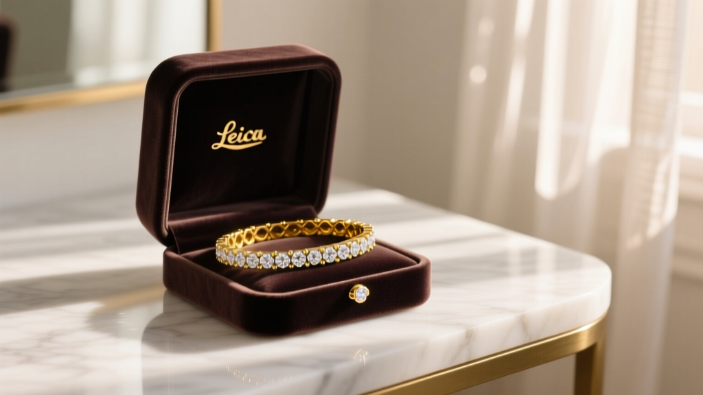 Velvet box on marble vanity revealing an 18k yellow gold diamond tennis bracelet illuminated by soft, warm morning window light