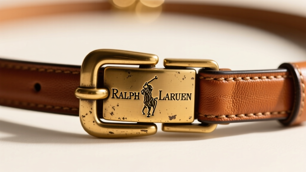 Macro shot of the back of a Ralph Lauren leather necklace clasp showing the engraved brand hallmark and antique brass finish