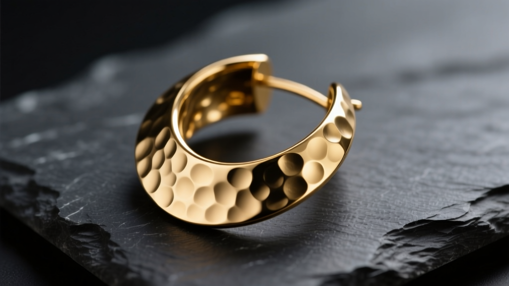 Close-up of a vintage RLM sculptural gold-tone hammered disc earring resting on dark slate under soft, directional studio lighting.