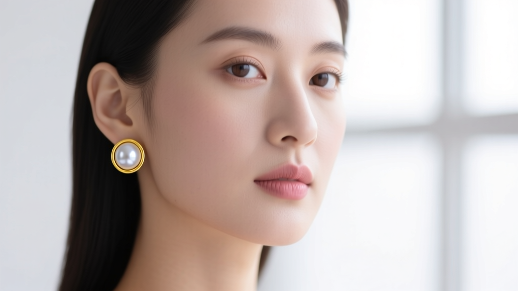 Close-up of a modern woman wearing 10mm Akoya pearl earrings set in 18k yellow gold, illuminated by soft natural window light