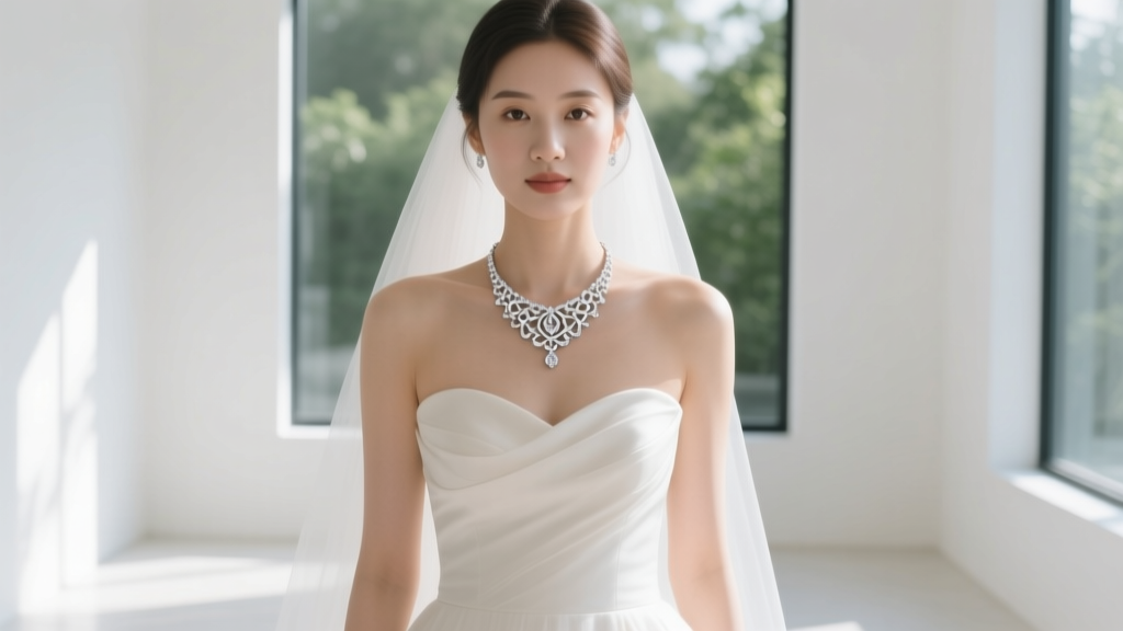 Bride wearing a delicate 18-inch platinum pendant necklace over a strapless sweetheart wedding gown, soft natural lighting.