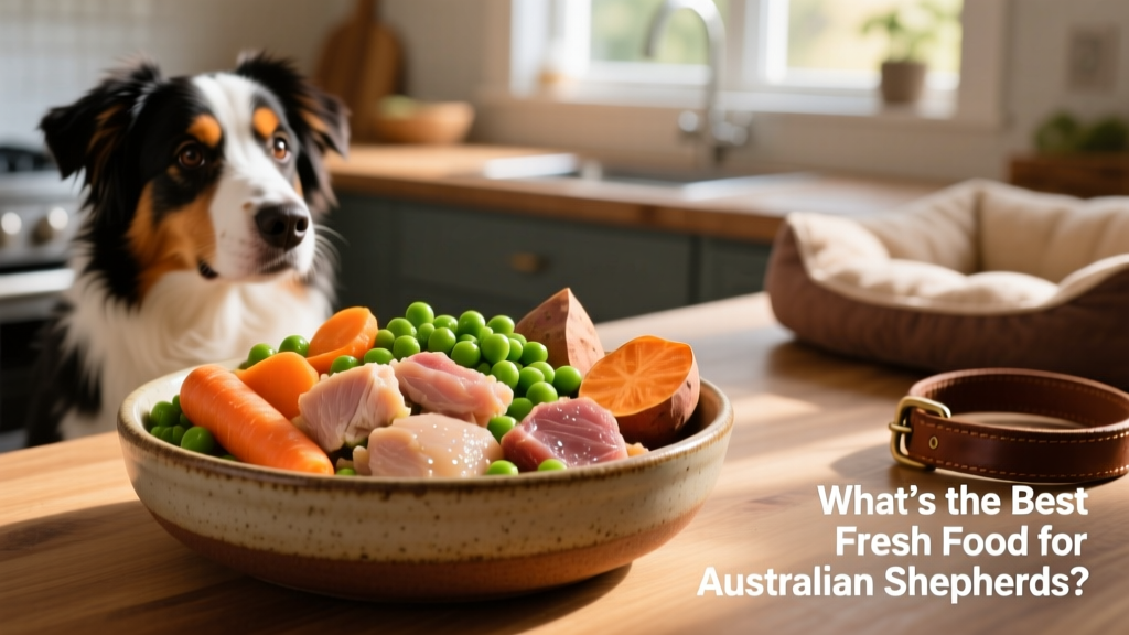 Close-up of a fresh, colorful dog meal portion with visible chunks of meat and vegetables