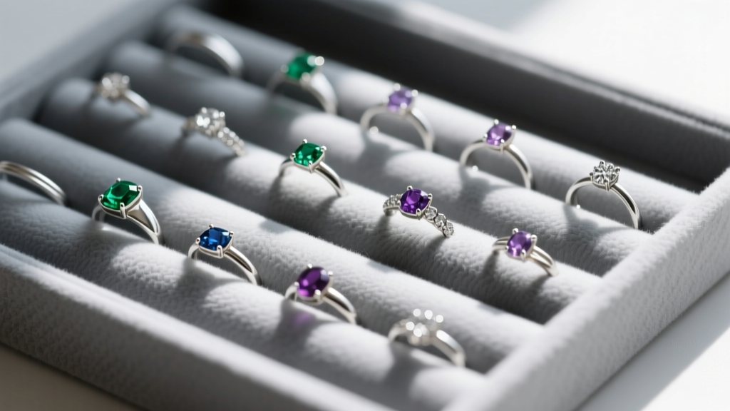 Close-up of modular jewelry tray insert featuring gray microfiber ring rolls holding various silver bands and small gemstone rings