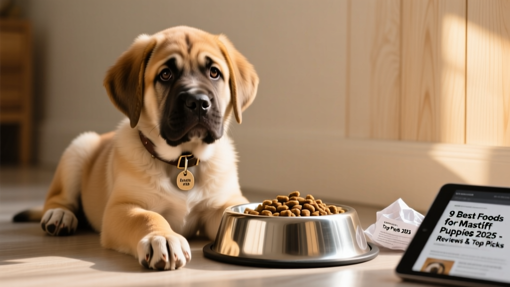 A gentle close-up of a Mastiff puppy sitting beside a stainless steel food bowl filled with kibble