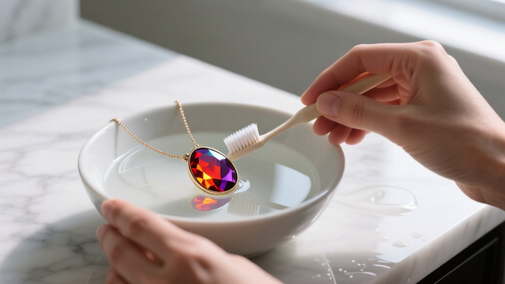 Hands gently cleaning a fire opal necklace with a soft toothbrush in a bowl of lukewarm soapy water on a white marble countertop