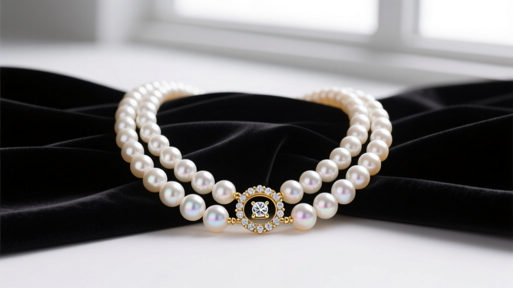 Elegant three-strand Akoya pearl necklace with a diamond-studded 14k white gold clasp, draped over dark velvet, studio lighting.