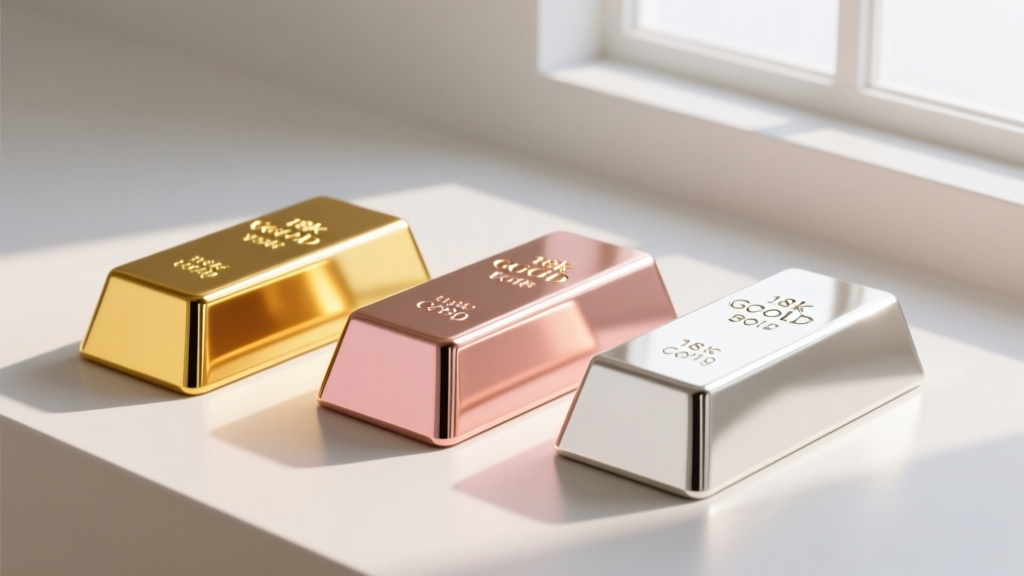 Three polished metal ingots showing the distinct color differences between 18k yellow, rose, and white gold luxury jewelry alloys.