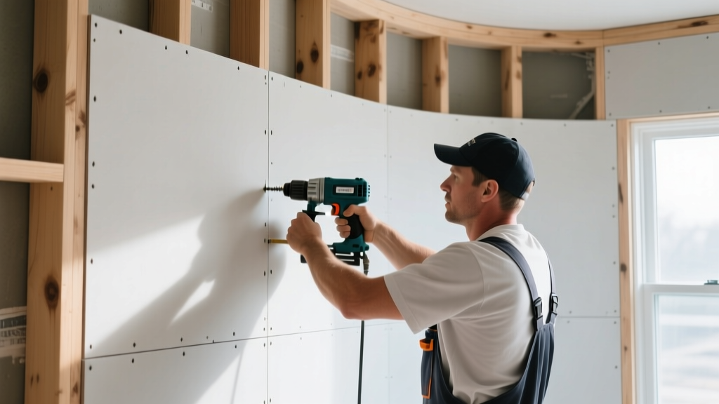 Professional drywall installer securing flexible quarter-inch gypsum board to a curved wood-framed radius wall with a collated screw gun