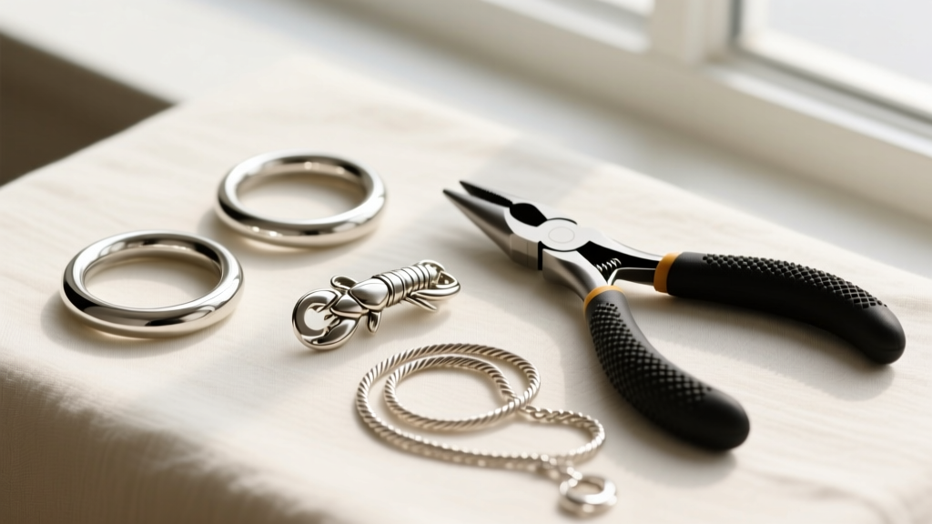 Flat lay of jewelry tools including 20-gauge jump rings, a 5mm lobster clasp, and chain nose pliers next to a tangled cable chain.