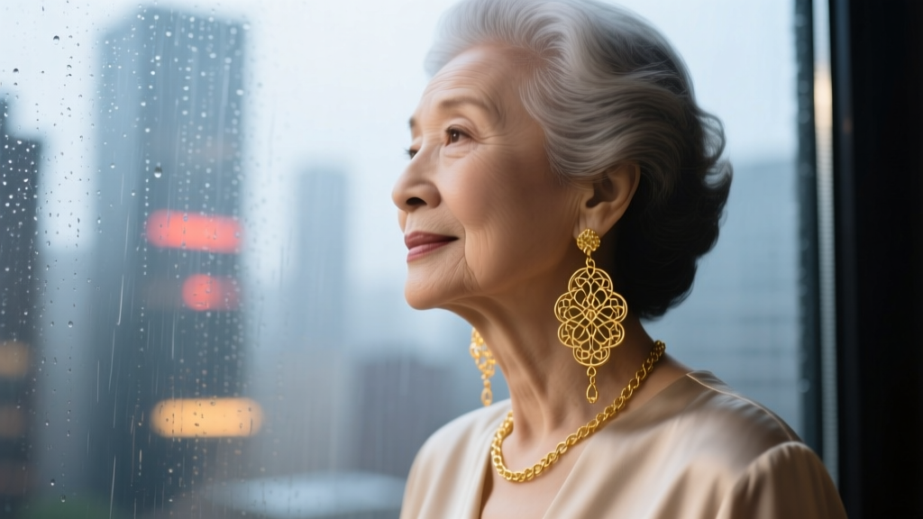 Elegant older woman wearing thick 22-karat gold wire-threaded drop earrings, looking thoughtfully out a rain-streaked window.