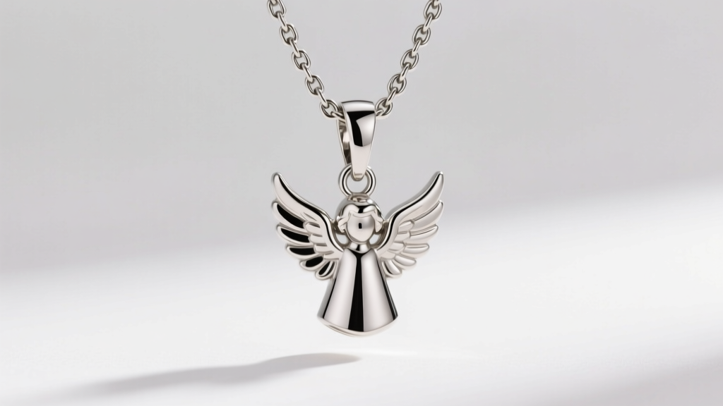 Steel box chain threaded through a platinum guardian angel pendant bail, showing a secure lobster clasp and polished metal links.