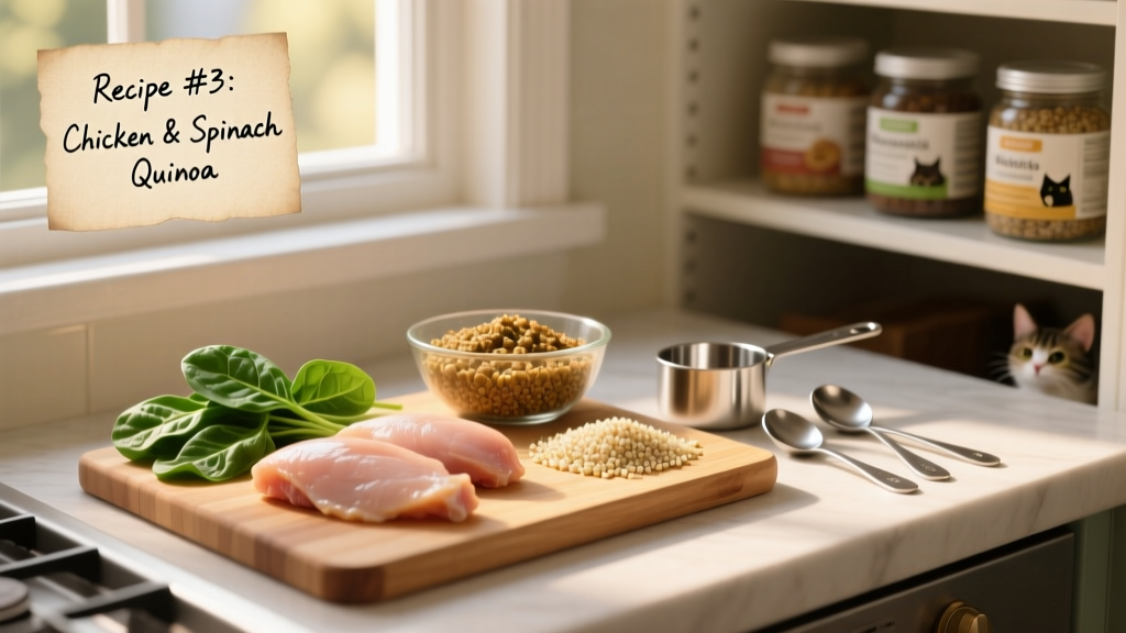 A clean kitchen counter with fresh chicken breast, spinach leaves, quinoa, and measuring tools laid out for homemade cat food prep