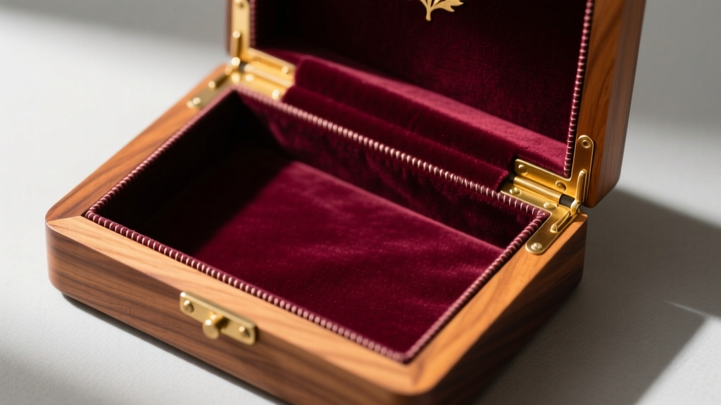 Overhead view of a maple jewelry box interior being fitted with deep burgundy anti-tarnish velvet lining and solid brass hinges.