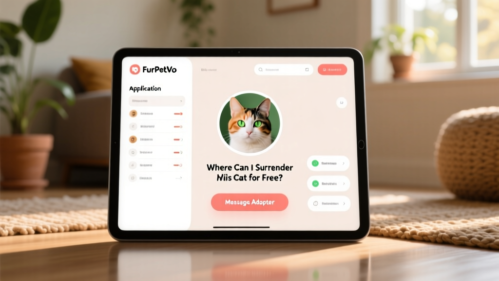 Screenshot-style image showing a clean, user-friendly FurPetVo dashboard with a cat profile, application list, and 'Message Adopter' button