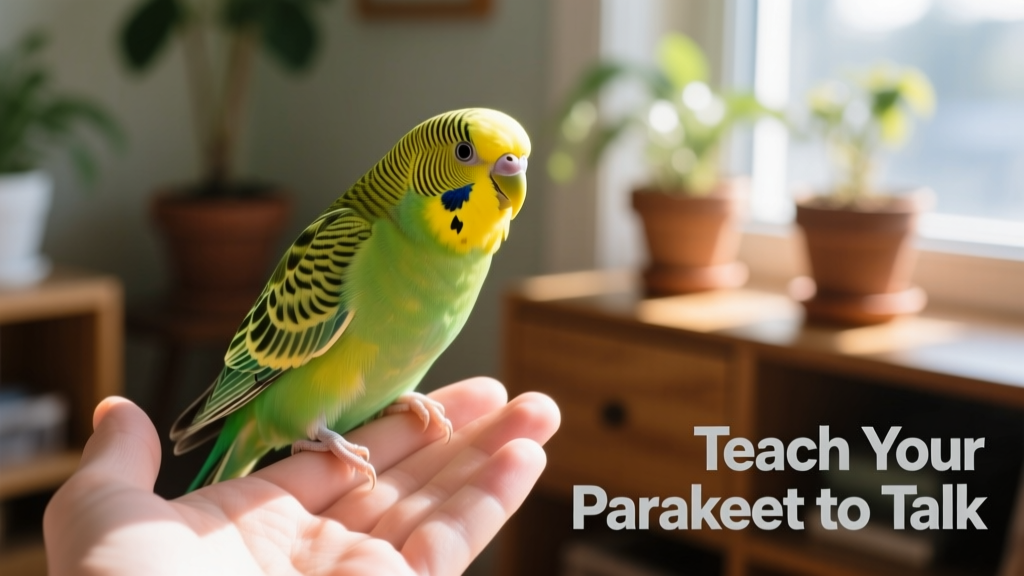 Close-up of a male budgie perched near a human hand, head tilted attentively