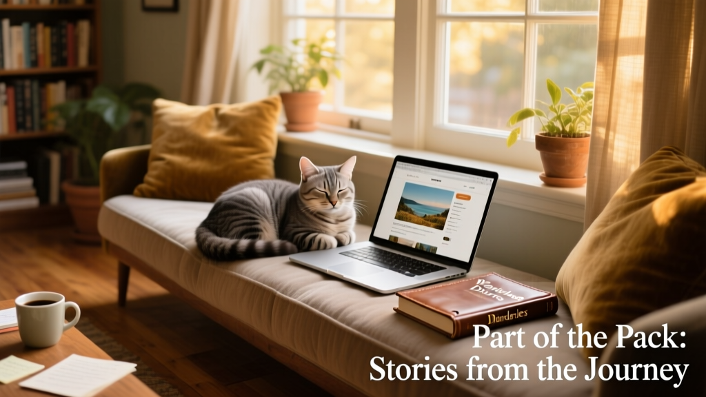 A cozy, well-lit living room with a cat curled up on a cushioned window seat, beside a laptop and travel guidebook