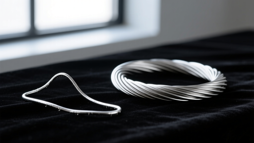 Macro shot comparing a bent 22-gauge silver wire next to a sturdy 14-gauge sterling silver wire resting on dark velvet cloth.