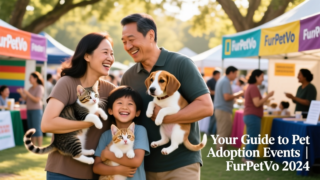 A family smiling as they hold a newly adopted kitten and puppy at a FurPetVo-hosted adoption event
