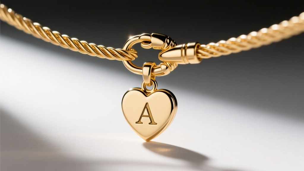 Extreme close-up of a 0.9mm gold cable chain and a lobster clasp attached to a small heart initial pendant, sharply in focus.