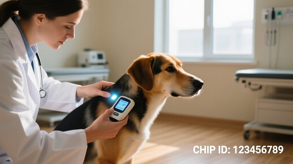 Veterinarian gently scanning a calm dog’s shoulder area with a handheld microchip reader