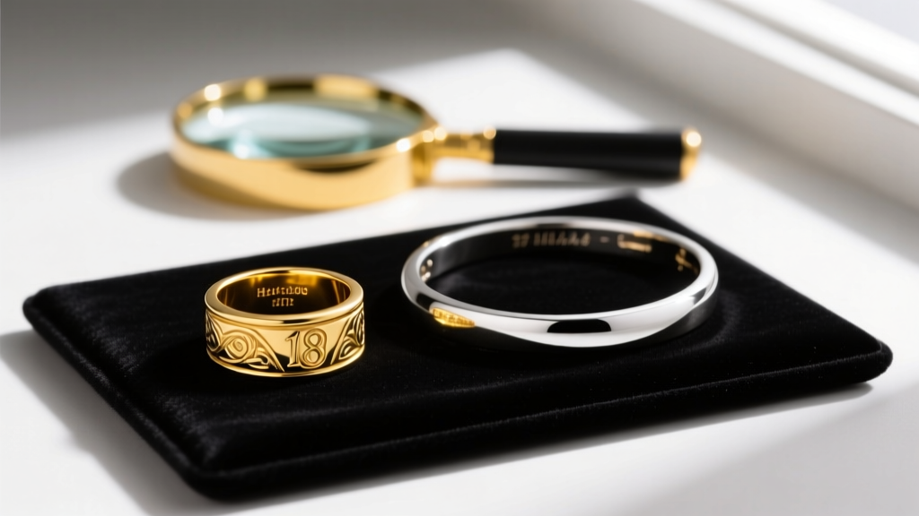 Close-up of an 18k yellow gold signet ring and 14k white gold bracelet examined with a loupe on a black velvet appraisal pad.