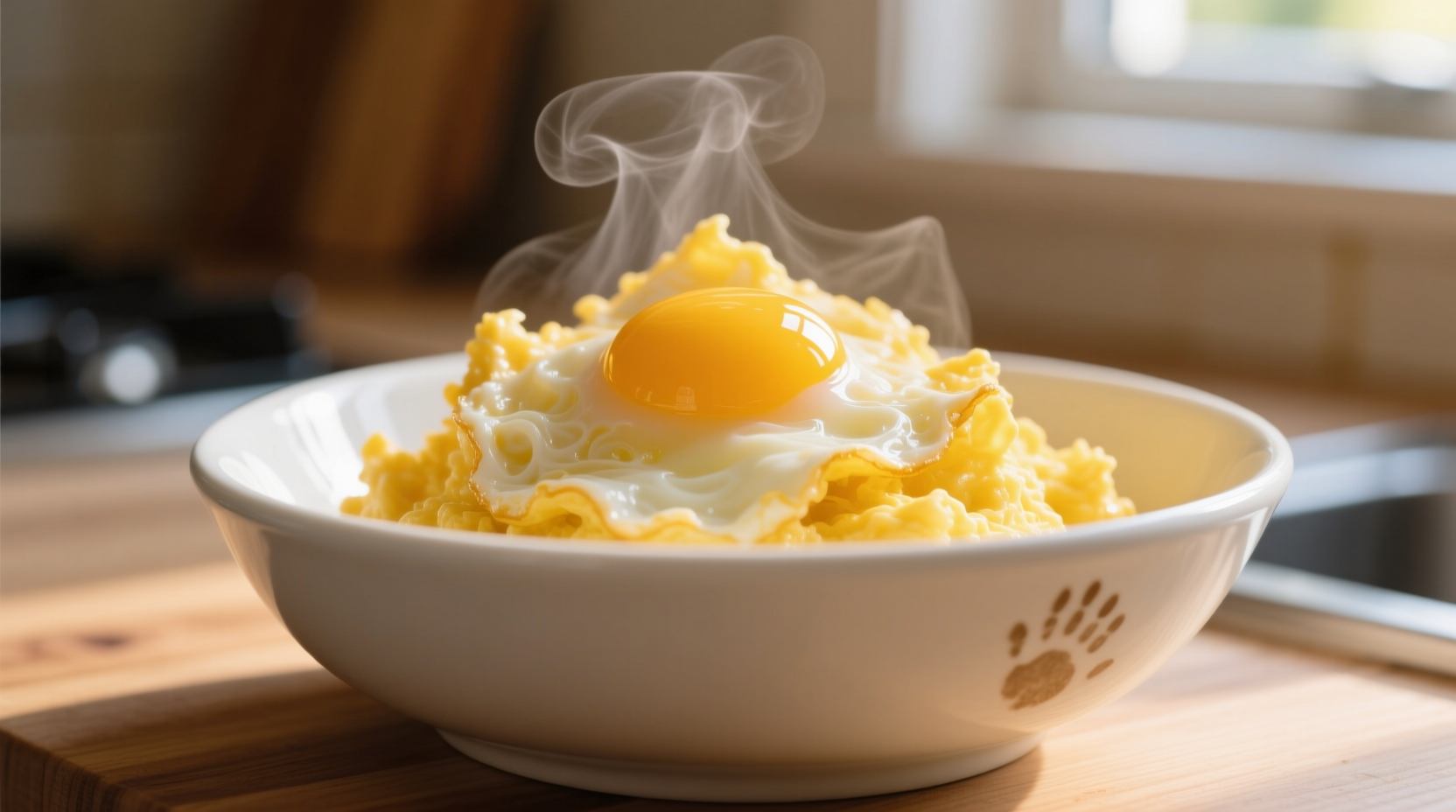 Fluffy scrambled eggs in white bowl