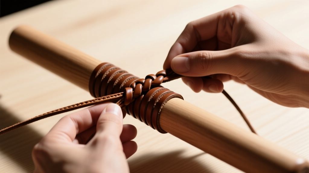 Hands weaving a four-strand round leather braid on a wooden mandrel, highlighting tight tension and perfectly even cord spacing