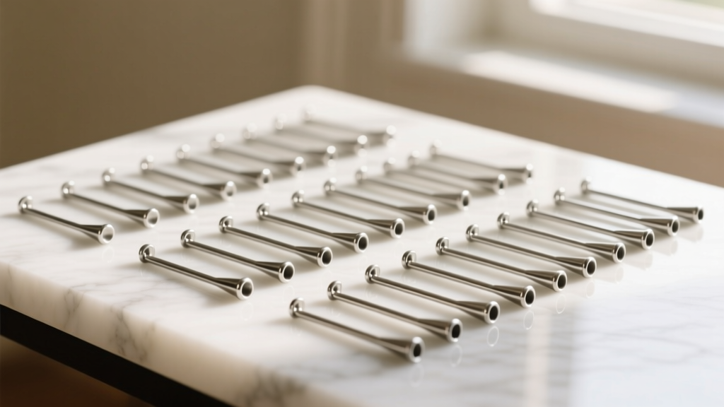 Sorted 20-gauge and 24-gauge stainless steel eye pins in a jeweler's tray next to a digital caliper and a cup bur filing tool.
