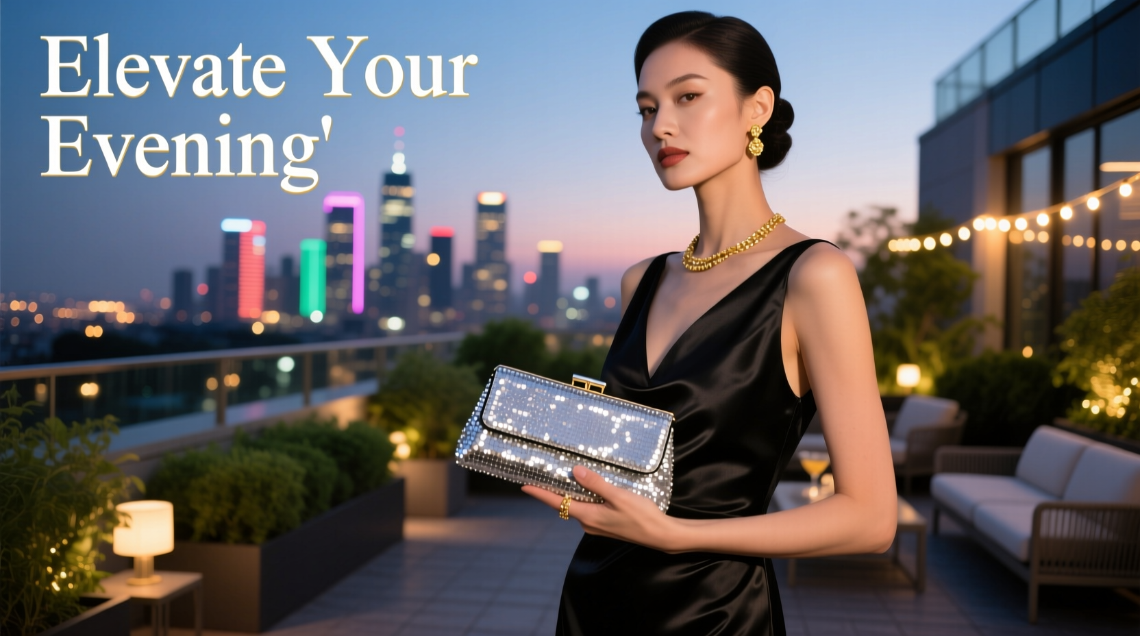 how to style a sequined clutch for a rooftop cocktail event