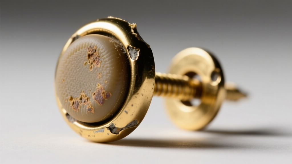 Close-up of a tarnished vintage gold-plated screw-back earring mechanism showing a worn rubber pad under soft directional lighting.