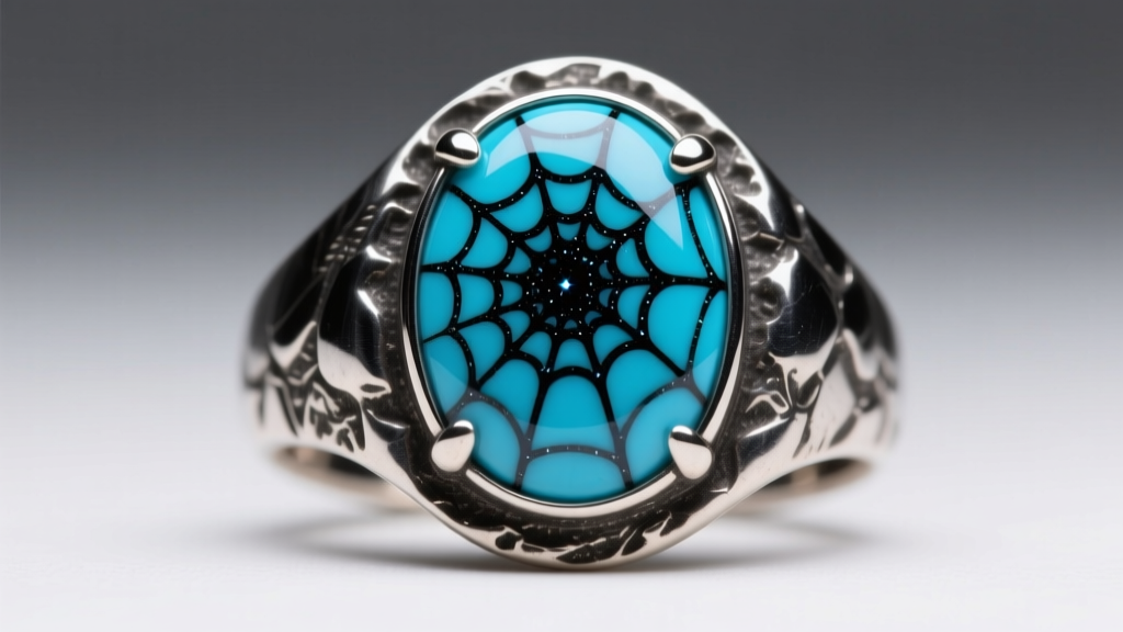 Macro shot of a high-grade Kingman turquoise cabochon with black spiderweb matrix set in a heavy oxidized silver bezel.
