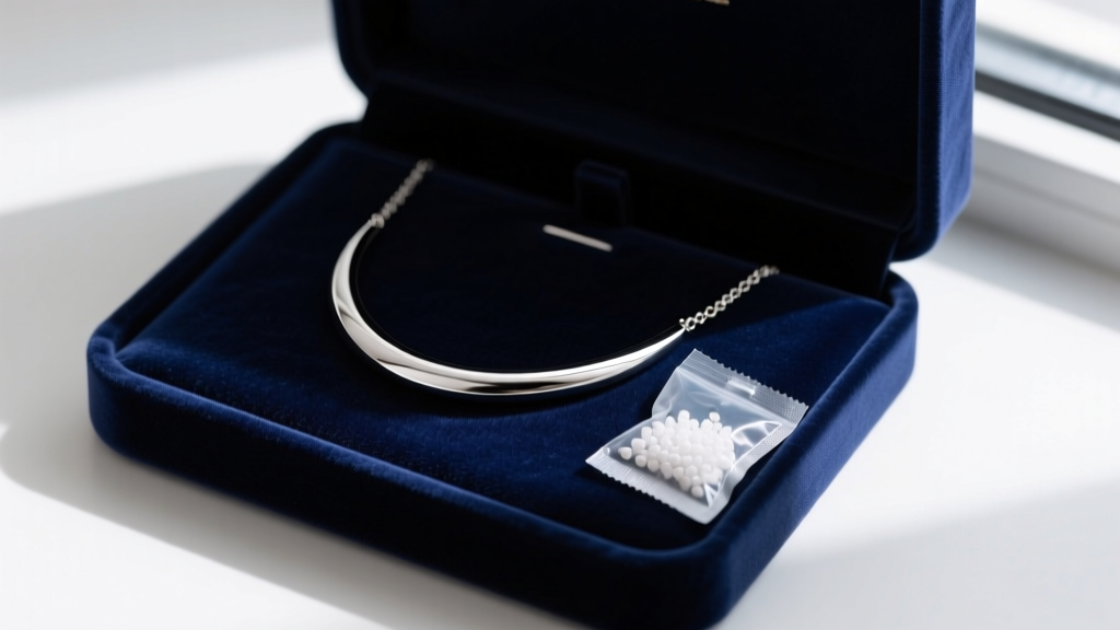 Anti-tarnish silica gel packets next to a polished silver-tone fashion necklace, stored inside a dark velvet-lined jewelry box.
