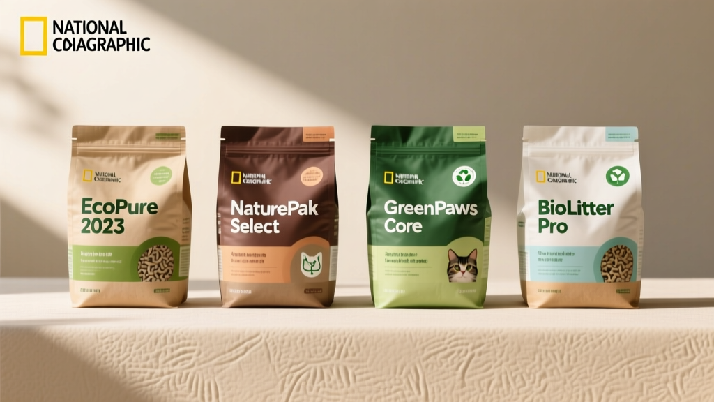 Four different paper pellet cat litter bags arranged side by side on a clean, light-colored surface