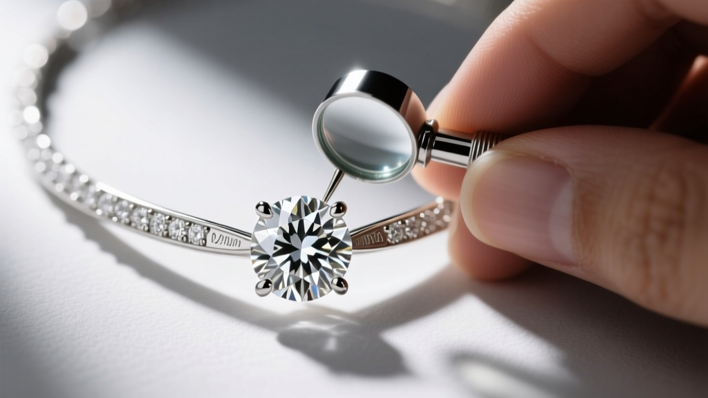 Jeweler using a 10x loupe to inspect four prongs of a white gold diamond simple necklace, macro view of the setting and metal