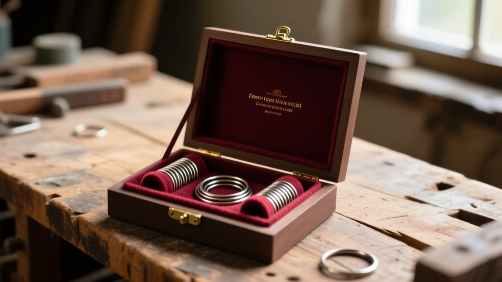Open puzzle box showing anti-tarnish flannel lining and ring rolls, illuminated by warm ambient light on a rustic wooden workbench