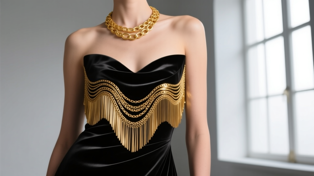 18k gold vermeil necklace skirt with articulated chain fringe draping elegantly over the neckline of a dark silk evening gown