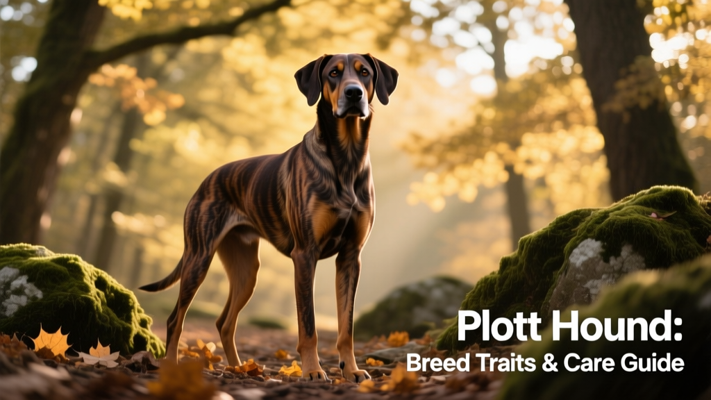 A confident, muscular Plott hound standing alert in a wooded outdoor setting, showcasing its brindle coat and attentive expression