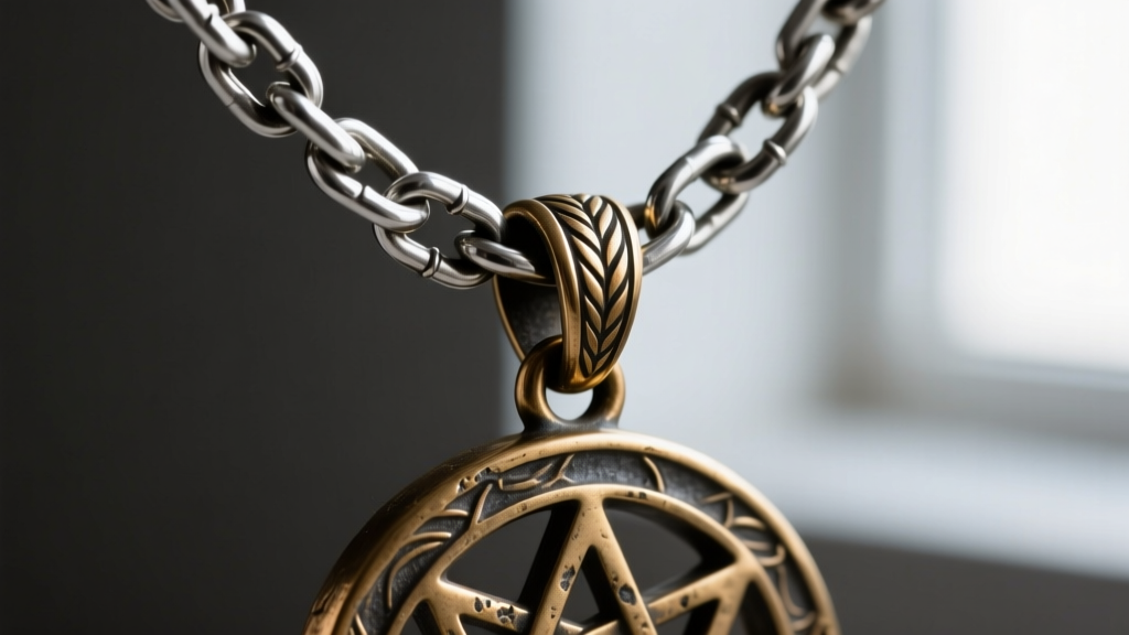 Close-up of a 3mm steel wheat chain threading through a heavy cast brass occult pendant bail, showing tight interlocking links.