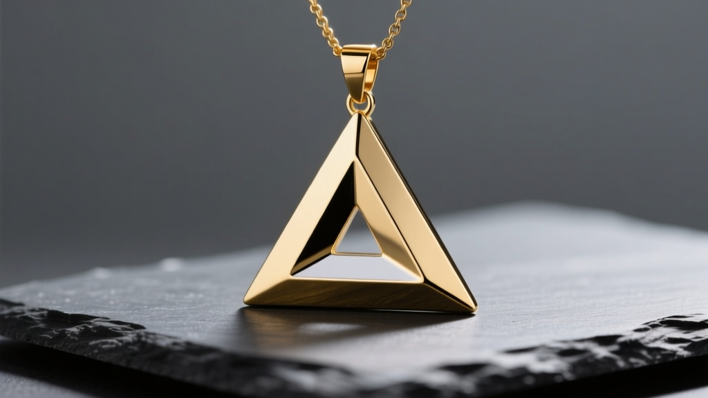 Gold triangle pendant on dark slate, reflecting studio light to show geometric streetwear edges and a polished finish.