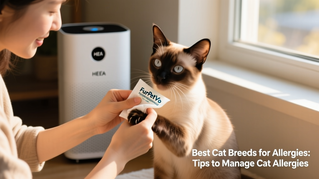 A person using a FurPetVo hypoallergenic pet wipe to gently clean a calm Balinese cat’s paws and face, with HEPA air purifier visible nearby