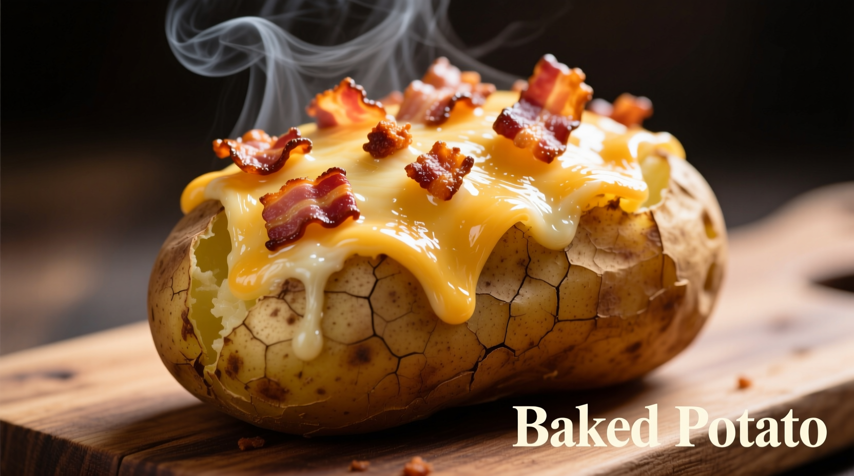 Baked potato with melted cheese and crispy bacon toppings