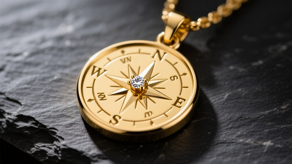 Close-up of a solid 14k yellow gold compass pendant on dark slate, showing engraved cardinal directions and a diamond accent.