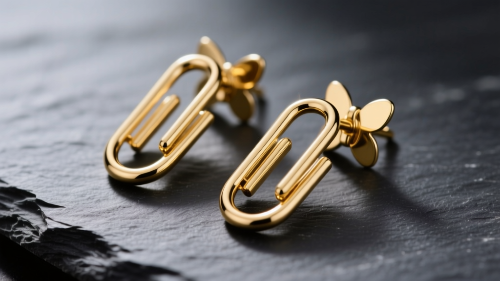Macro shot of 14k solid gold paper clip earrings on dark slate, highlighting polished interlocking oval links and a secure clasp.