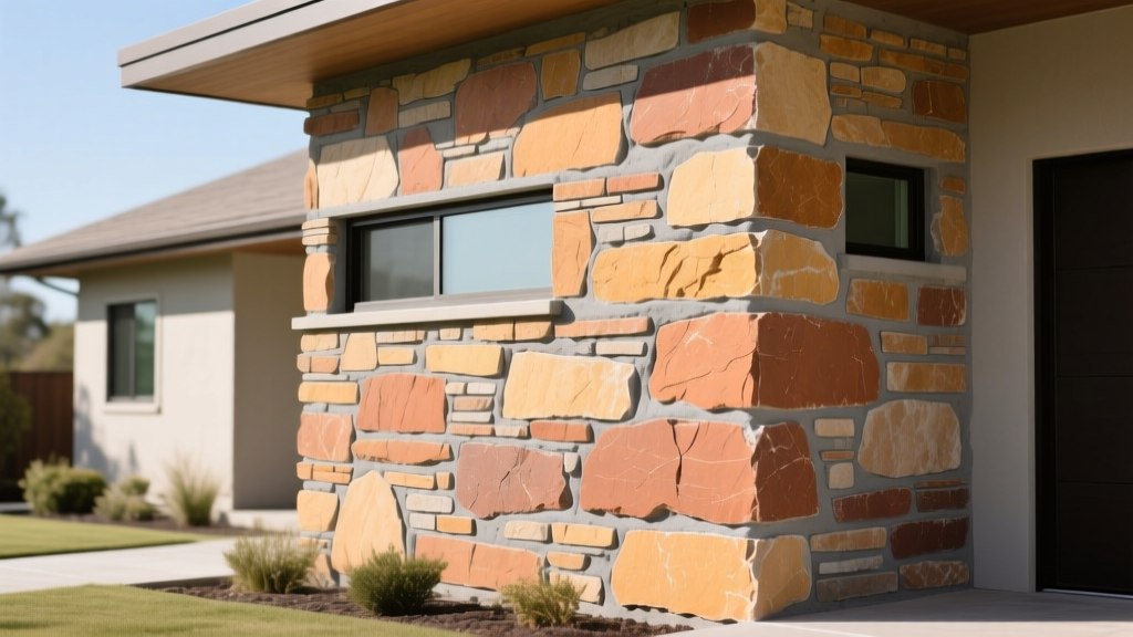 Rustic ledgestone craft veneer in warm earth tones applied with gray mortar to a modern exterior home facade in bright daylight.