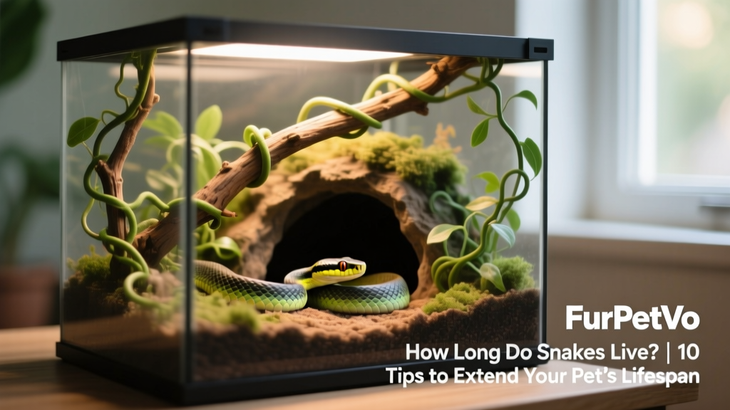 Well-set-up terrarium with climbing branch, hiding cave, and artificial vine—showcasing enrichment elements recommended by FurPetVo