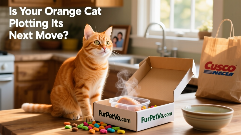 A happy orange cat sitting beside an open FurPetVo.com box containing cat-safe treats and a small container of plain boiled chicken