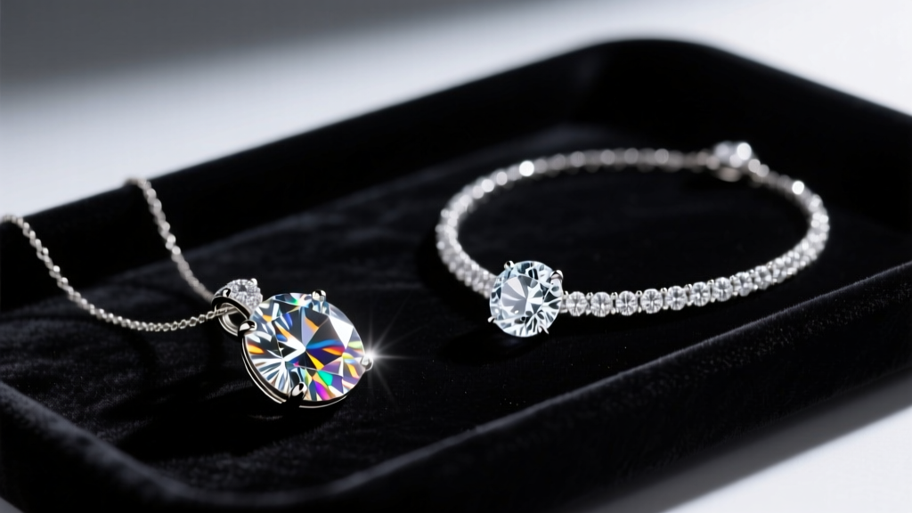 Moissanite pendant and natural diamond necklace side-by-side on dark velvet tray illuminated by bright, focused jewelry spotlights.