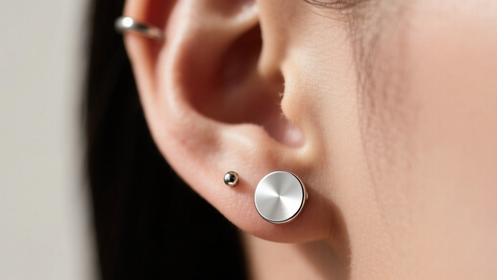 Macro side profile of an ear wearing a 16-gauge nickel-free sterling silver cartilage stud, highlighting a smooth flat-back disc.